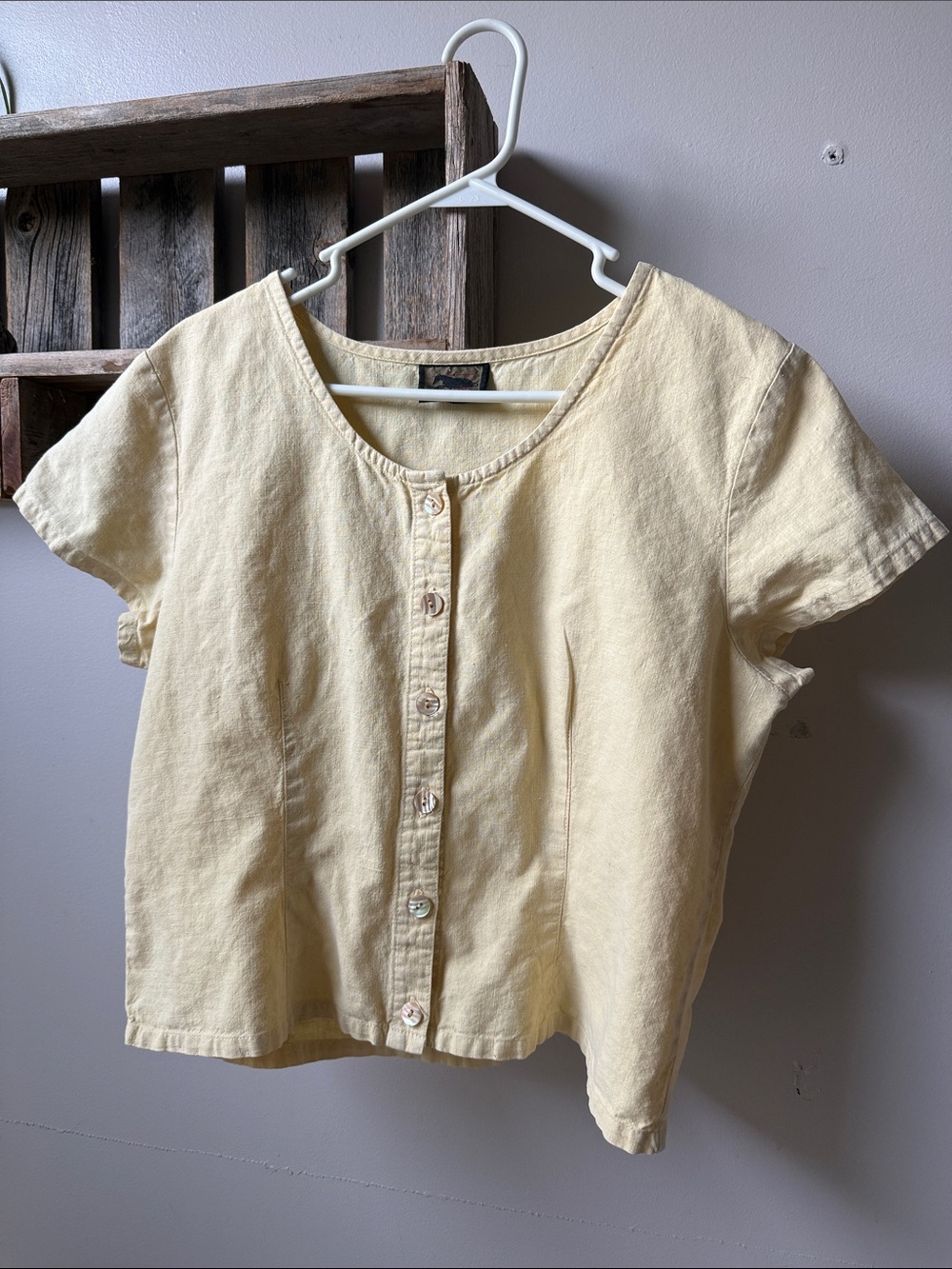 Two Star Dog Butter Yellow Button-Front Short Sleeve Hemp / Cotton Top —  L
